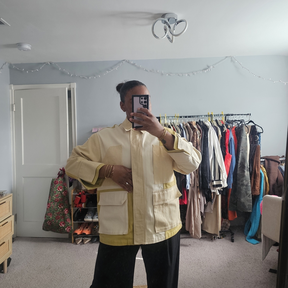 ZARA Men's Cream and Yellow Colorblock Utility Jacket, 100% Cotton